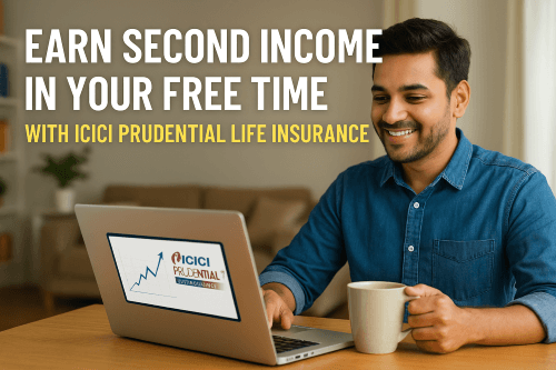 Person working from home with laptop, earning second income through ICICI Prudential Life Insurance advisory program