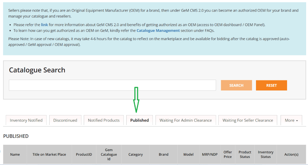 Go to Catalogue > Products > Search My Offerings > Published